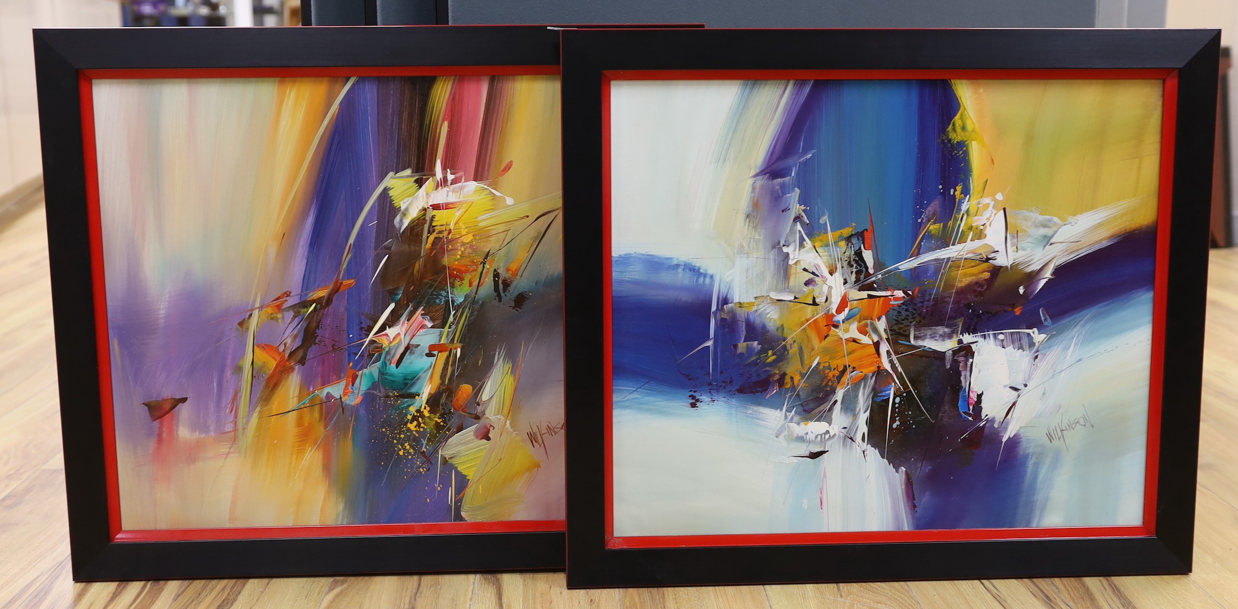 Mary Wilkinson (British contemporary), a pair of oil on canvas, abstract scenes, both signed, 50 x 60cm